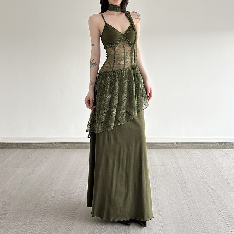 Robe Vintage Style Forêt en Dentelle Patchwork pour Femme, Transparente, à Bretelles, Taille Cintrée, Douce, Mode Coréenne