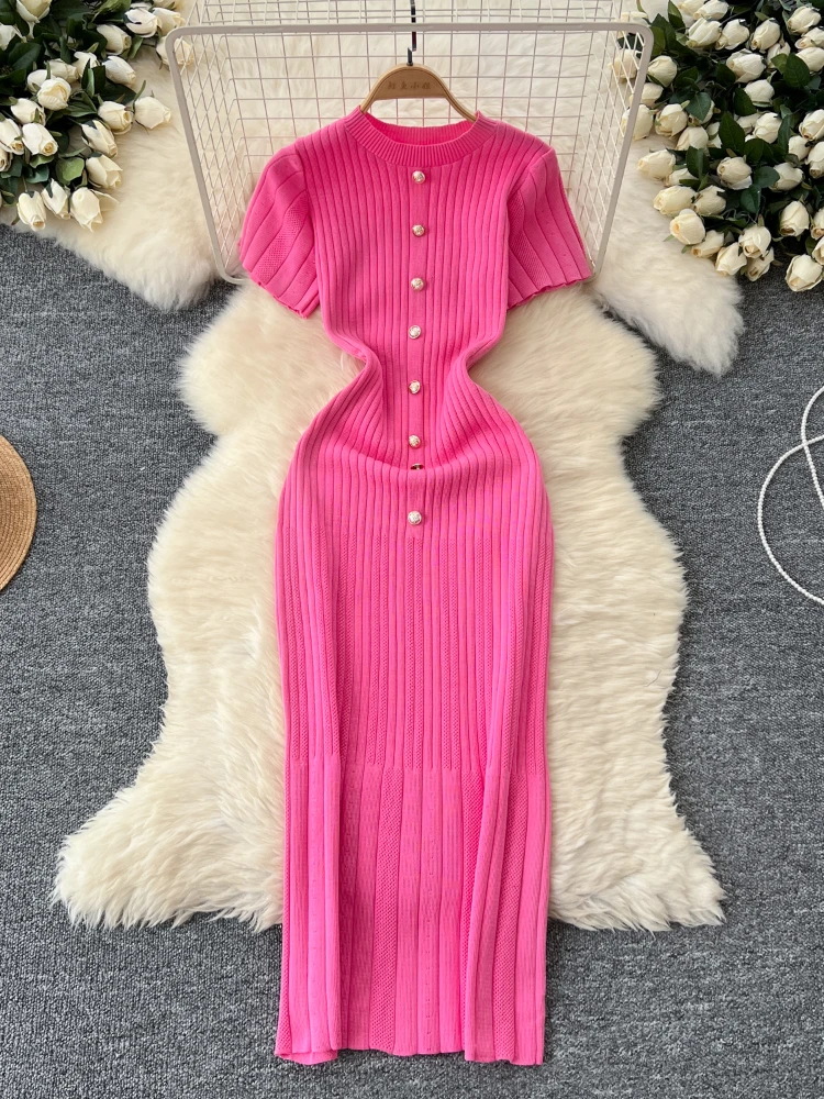 Robe moulante tricotée pour femmes, col rond, simple boutonnage, manches courtes, Slim, Style français, robes longues pour dames, printemps automne