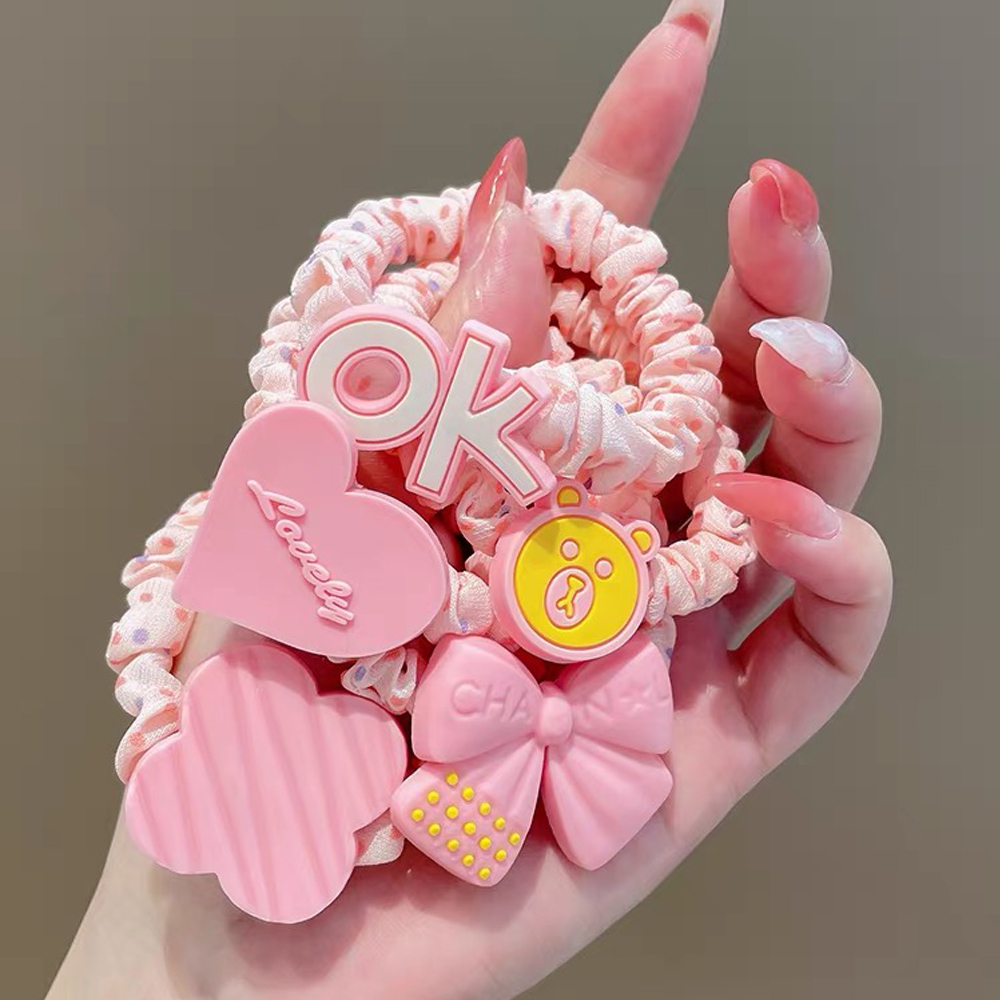 Chouchous en forme d'ours de dessin animé, 5 pièces/ensemble, breloques en forme de cœur, couleur bonbon, attaches en Satin, support queue de cheval, cordes pour cheveux, couvre-chef pour enfants filles