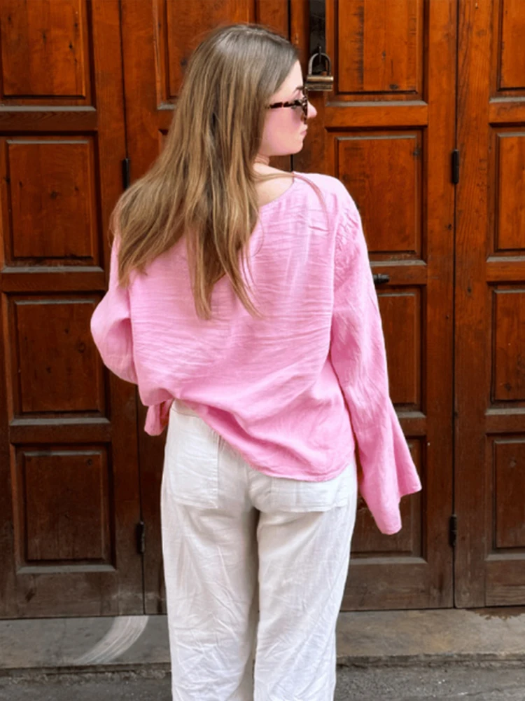 Chemises à lacets avec nœud pour femmes, lin, évider, col en V, manches longues, lin chic, mode coréenne pour dames, streetwear de printemps, Y-2024
