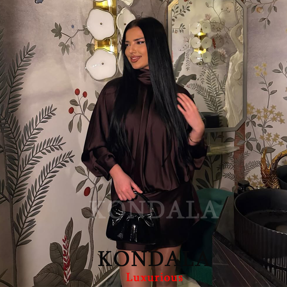 KONDALA élégant Chic Satin marron robe femmes à manches longues écharpe Mini robe de soirée mode 2025 soirée Club femmes robe