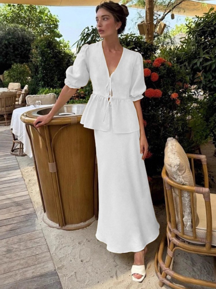 Ensemble jupe femme taille haute jupe longue costume femme col en v manches bouffantes a-ligne jupe longue 2 pièces ensembles 2025 tenue de dame d'été