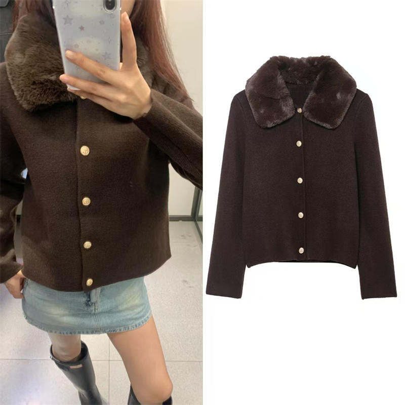 Veste femme 2025 automne nouveau Style marron foncé à manches longues col en fausse fourrure tricot Cardigan veste élégante et élégante
