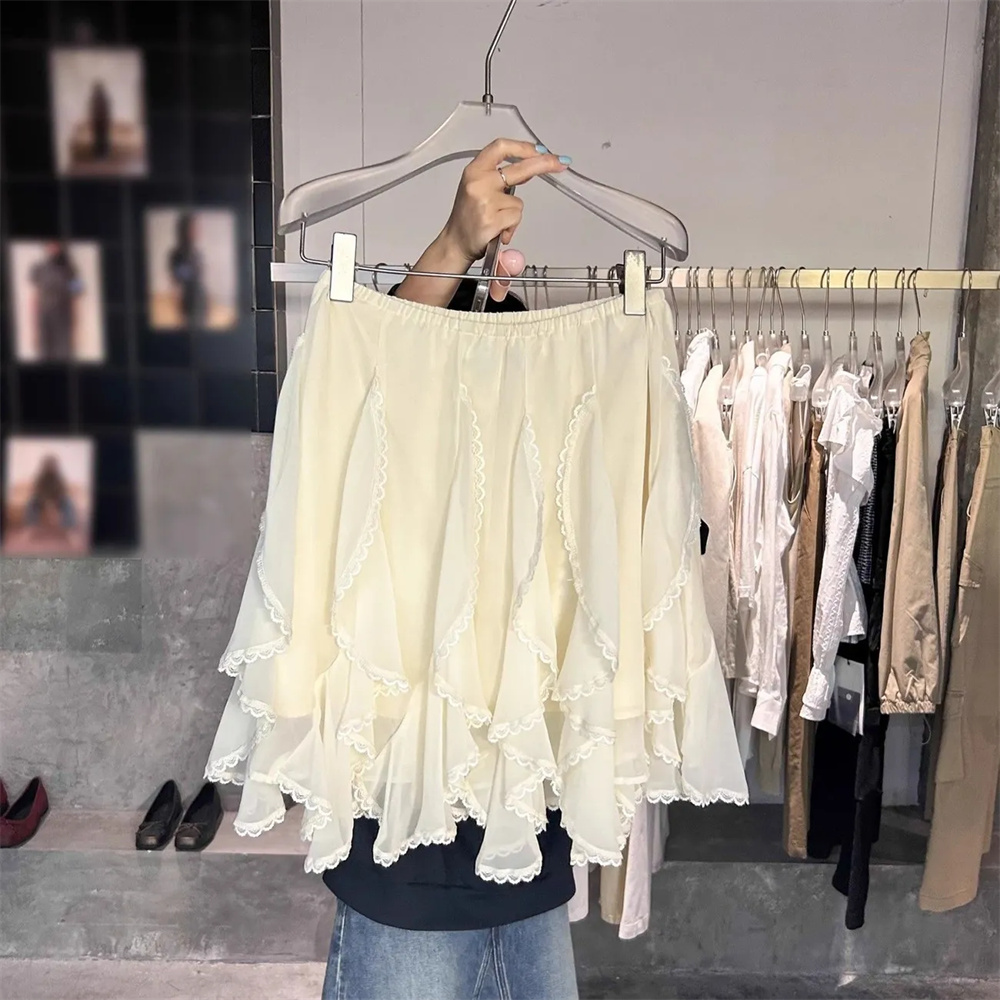 Jupe en tulle à dentelle style coréen pour femme, été, Harajuku, élégante, à volants, vintage, streetwear, irrégulière, Y2K, superposée