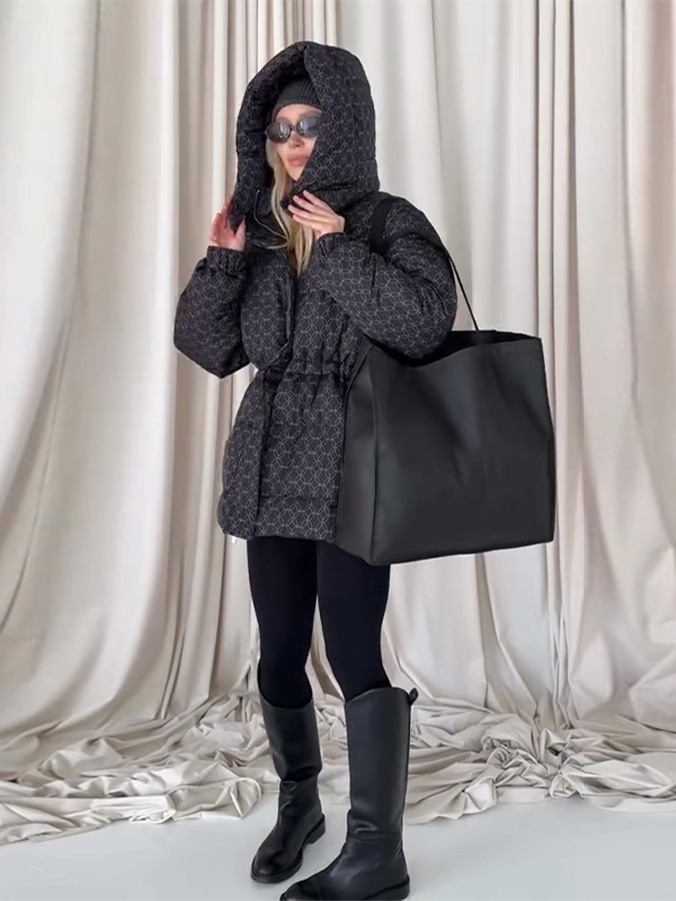 Manteau en coton épais imprimé pour femme, décontracté, fermeture éclair à capuche, fermeture à la taille, vestes chaudes, Chic, Streetwear, hiver 2025