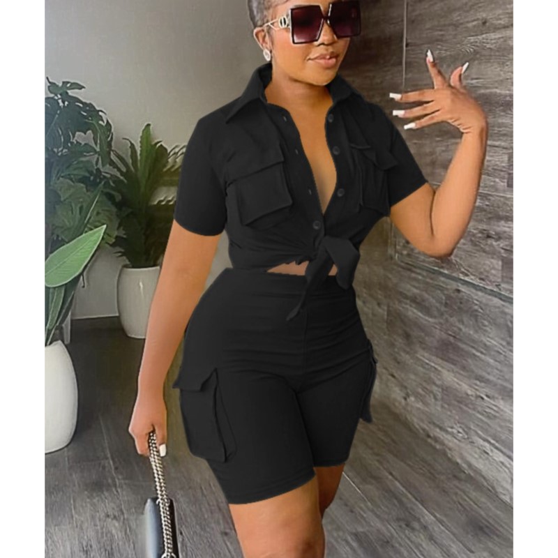 Ensemble deux pièces pour femmes, tenue d'été, mode, couleur unie, col rabattu, chemises à manches courtes, haut et poches décontractées, ensembles Streetwear