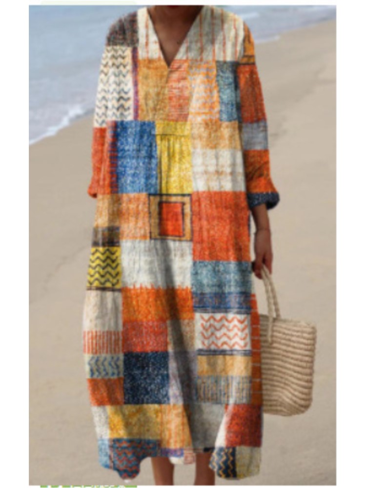 Robe imprimée pour femmes, décontractée, col en V, manches longues, pull ample, style Boho, jupes de vacances, vêtements pour femmes, nouvelle collection