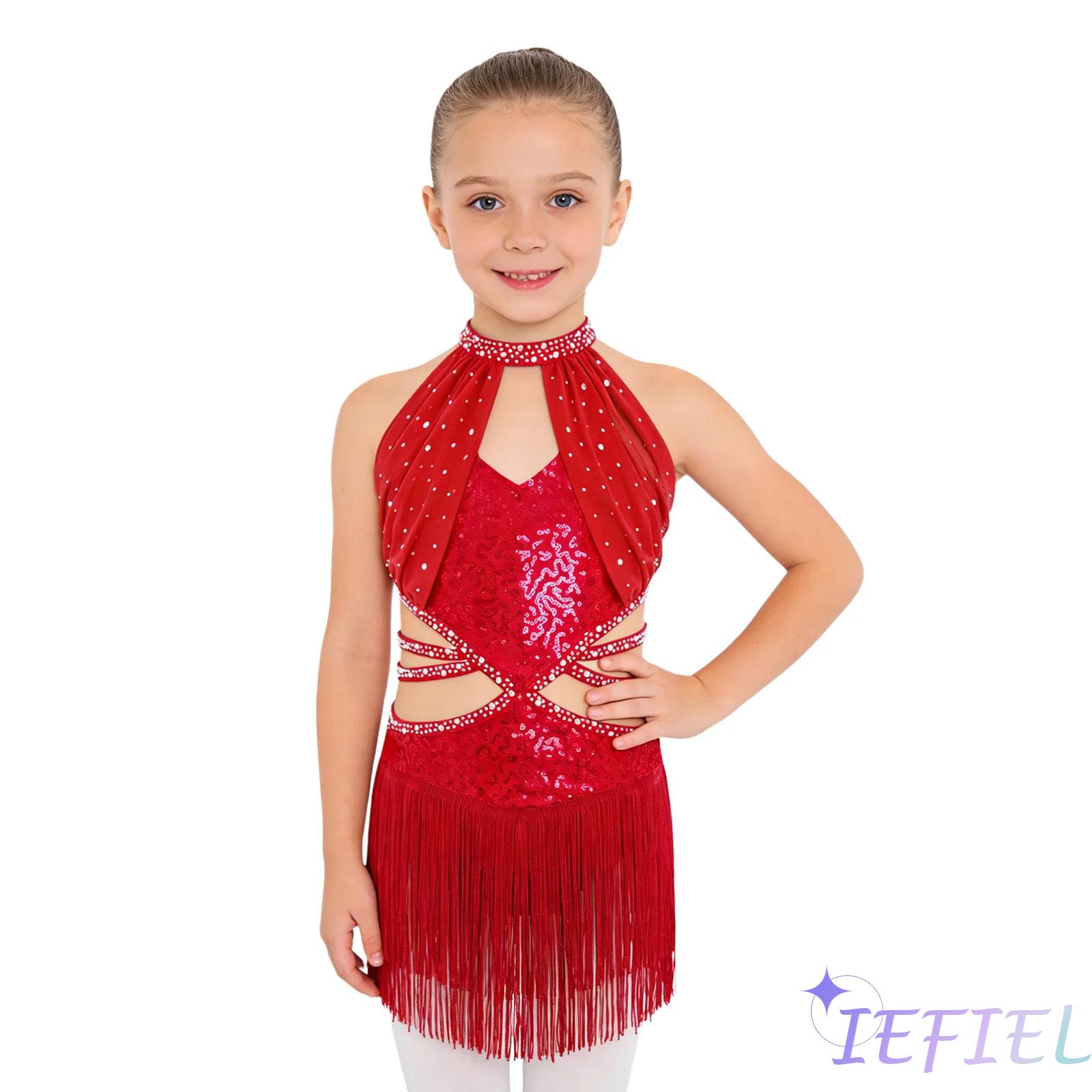 Costume de patinage artistique pour filles, strass, bretelles, sans manches, franges, justaucorps, tango, latin, jazz, danse, tenue