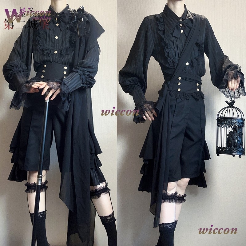 Costume noir fantaisie Cosplay pour femmes, tenue de Style Jirai Kei Ouji, chemisier médiéval Lolita, short gothique unisexe Prince, chemises à manches longues