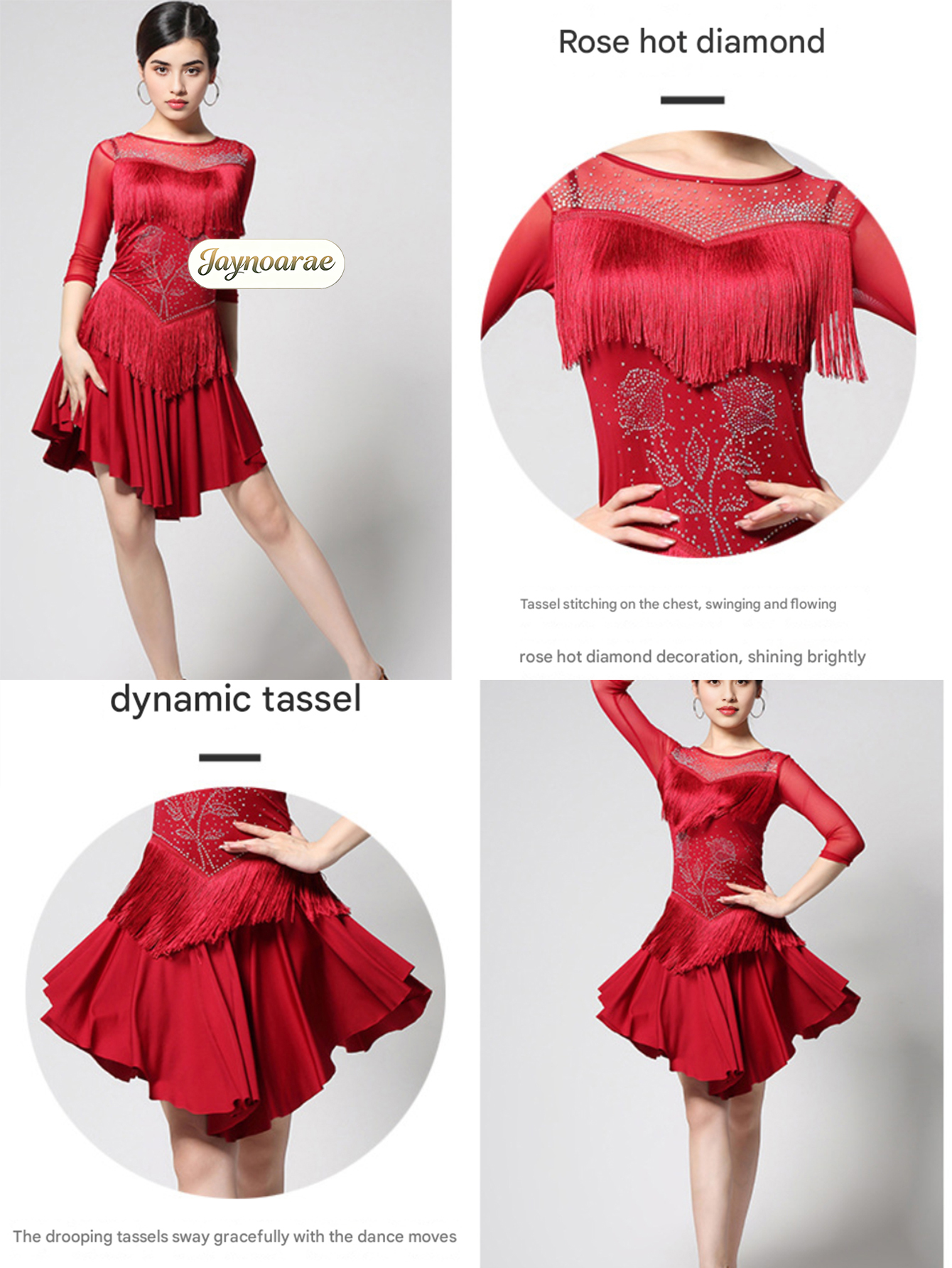 Robe de danse latine JAYNOARAE pour femmes, à franges, col rond en dentelle, manches 1/2, pour tango et salsa