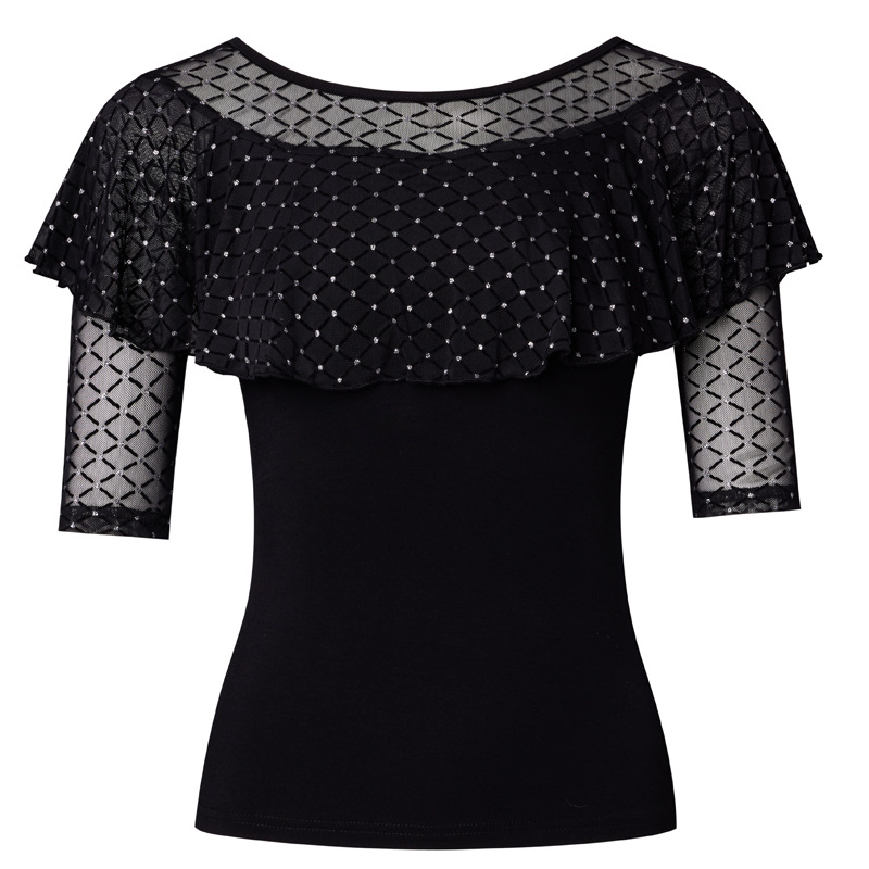Vêtements de danse latine en patchwork de maille pour femmes, costume de document solide, biscuits de sport de samba, t-shirt de ventre à volants, 4XL