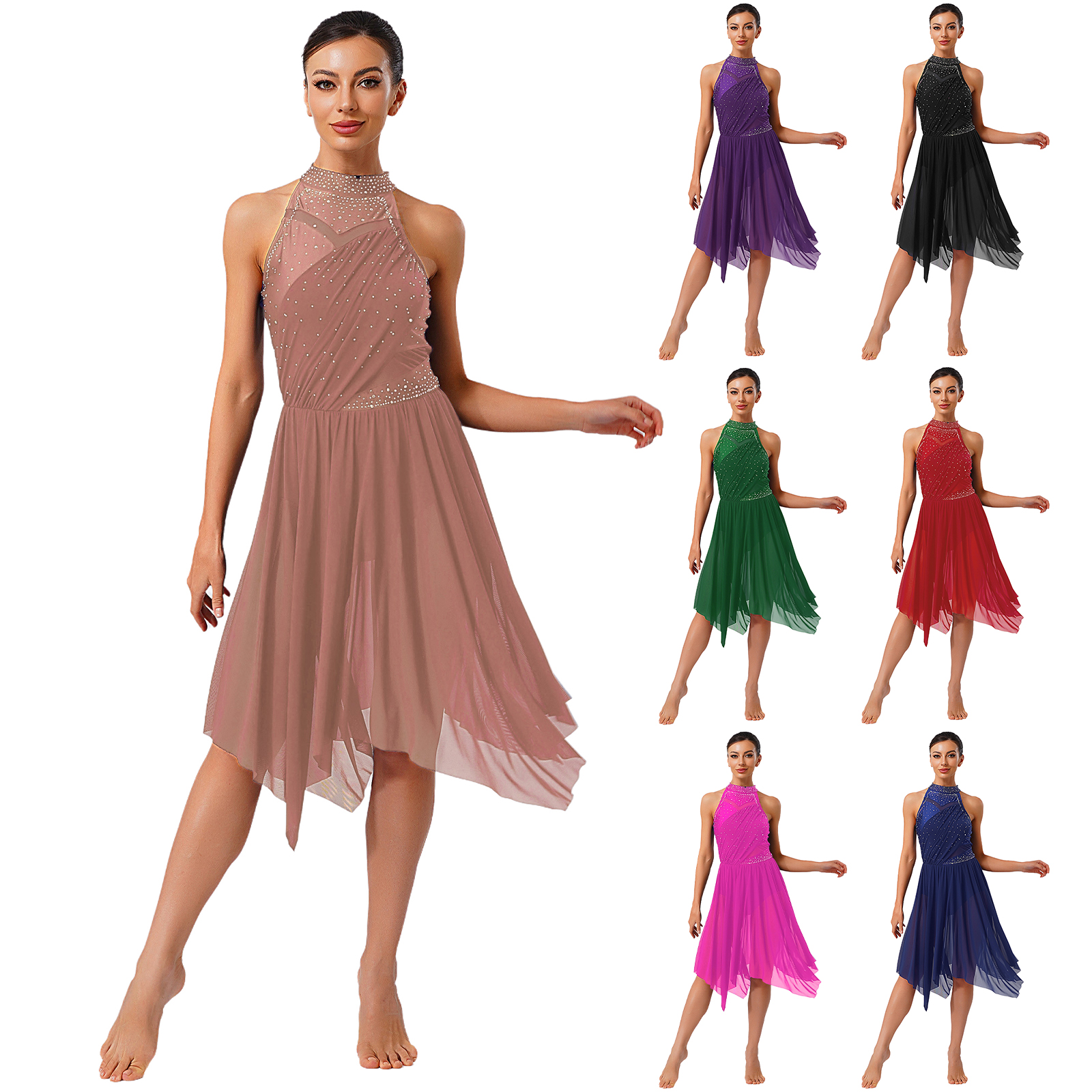 Robe de spectacle de danse classique moderne et lyrique pour femmes, maille transparente, légère, valse, cours de salle de bal, Costumes de concours de danse