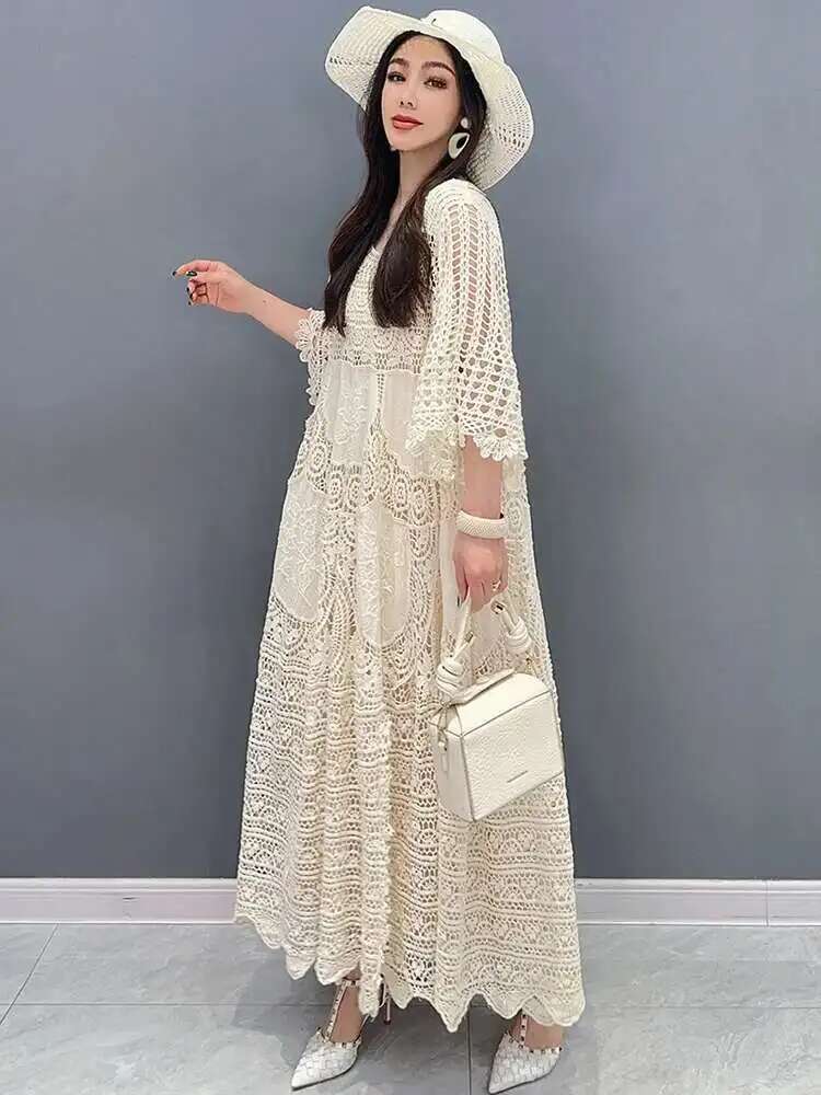 SHENGPALAE-Robe en Dentelle à Manches Mi-sulfpour Femme, Grand Ourlet, Amissié, Élégante, à la Mode, Nouvelle Collection Printemps Été 2024, 5R9579