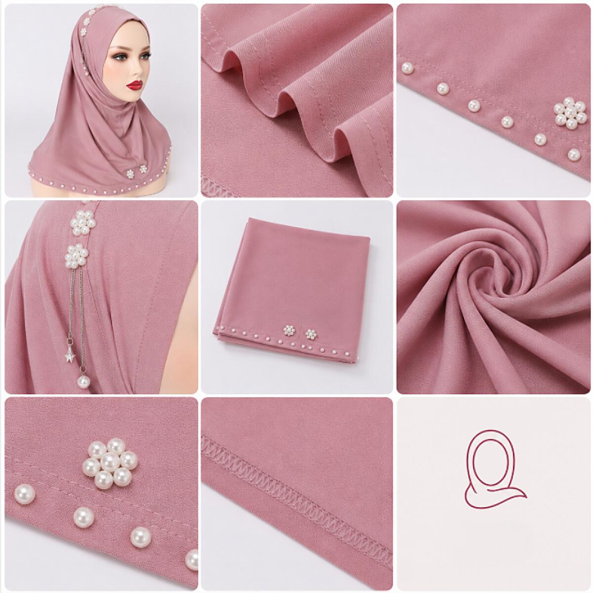 Hijab instantané en crêpe perlé et cristal, doux et élégant, pour femmes musulmanes, facile à porter, idéal pour la prière et les occasions spéciales (Raya).