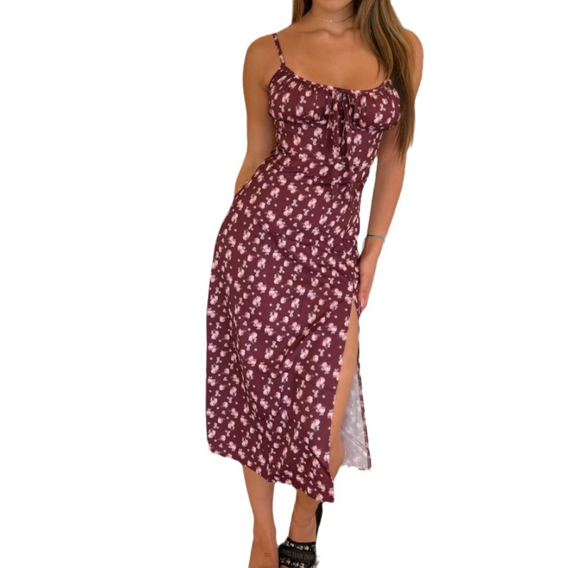 Robe moulante élégante pour femme, sans manches, à motif floral, coupe basse, avec fente, chic, sexy, pour la plage, les vacances, le streetwear et les soirées.
