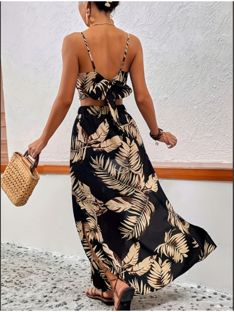 Robe élégante à col en V profond pour femmes, ensemble jupe et veste sans manches imprimée pour l'été, robe tendance sexy à fente haute