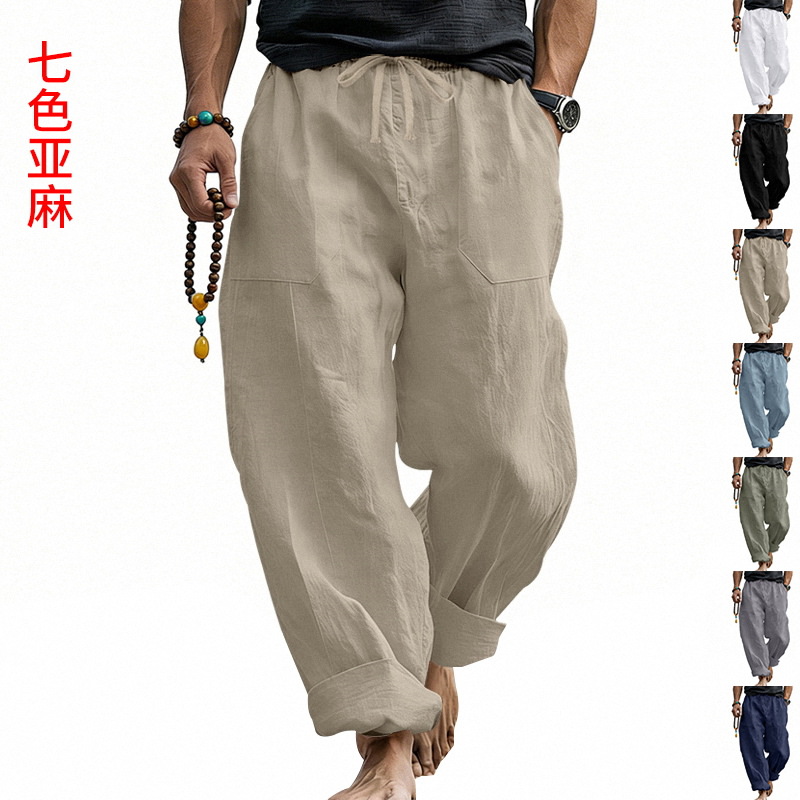 Pantalon homme 2026 décontracté, nouveau style plage, ample, en lin, avec poches, pour le printemps et l'automne, style vacances, pantalon fin, vêtements pour hommes