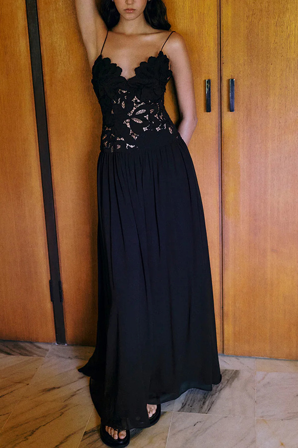 Robe femme brodée fleur Patchwork voir à travers dentelle Spaghetti sangle robes mode Sexy fête longue robes femme
