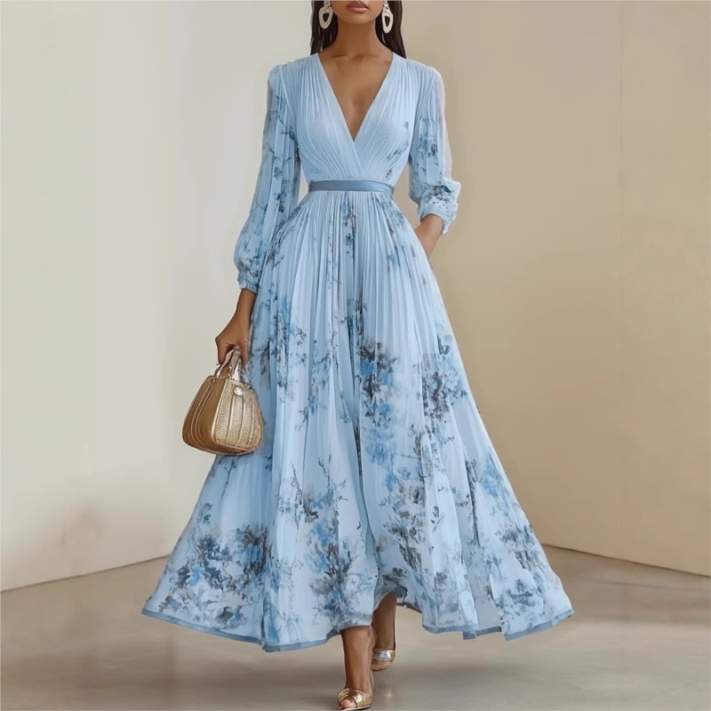 Robes longues plissées à imprimé floral pour femmes, style bohème, sexy, col en V profond, manches longues, drapées, décontractées, pour les vacances et les fêtes