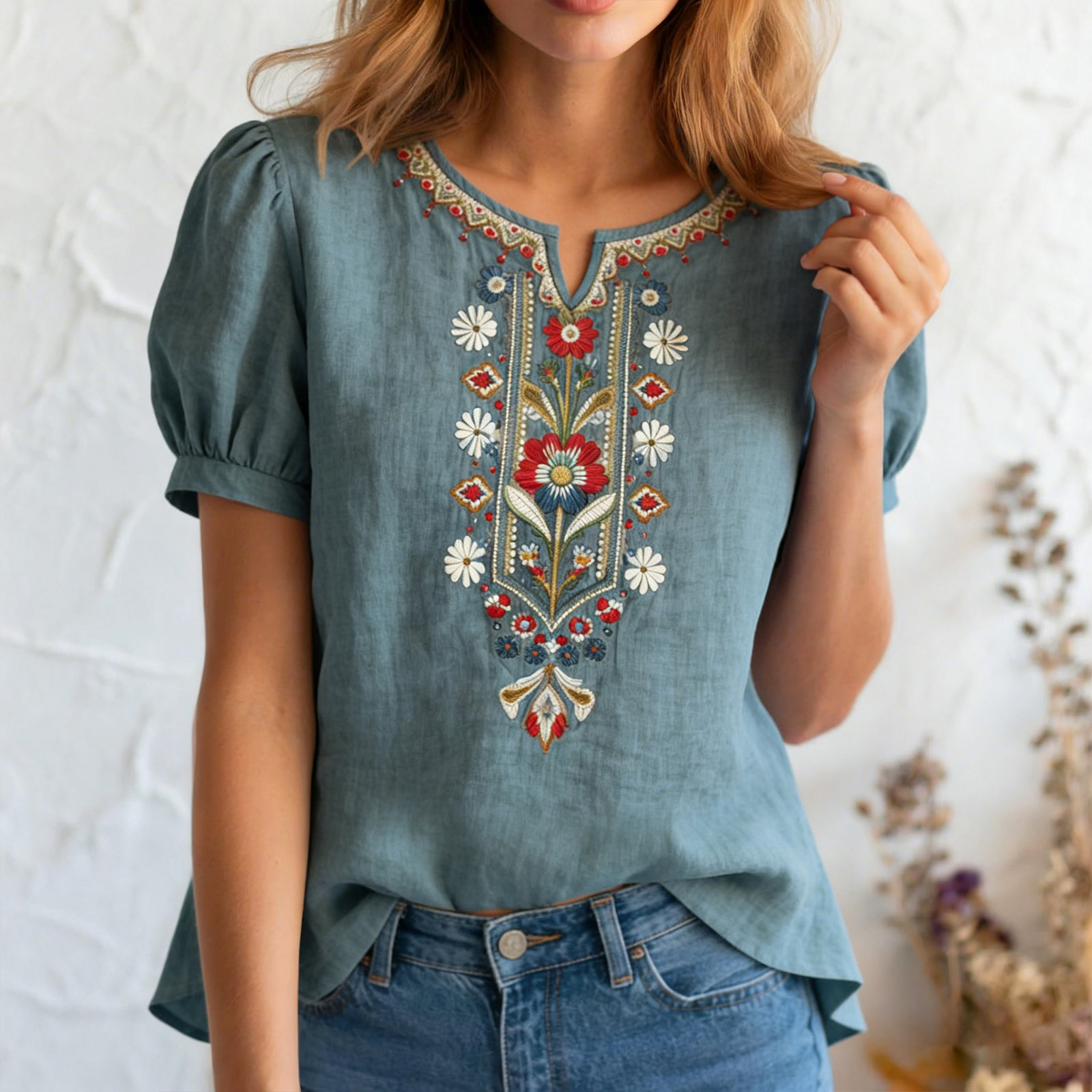 Nouveau lot de t-shirts vintage pour femmes, chemisiers décontractés fins brodés, style rétro artistique, en coton et lin respirant à manches courtes