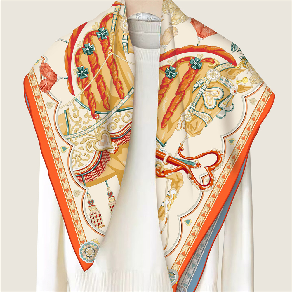 Foulards en soie deux chevaux imprimé sergé foulard en soie femmes châles Design de luxe Hijab mode carré frisé écharpe foulard