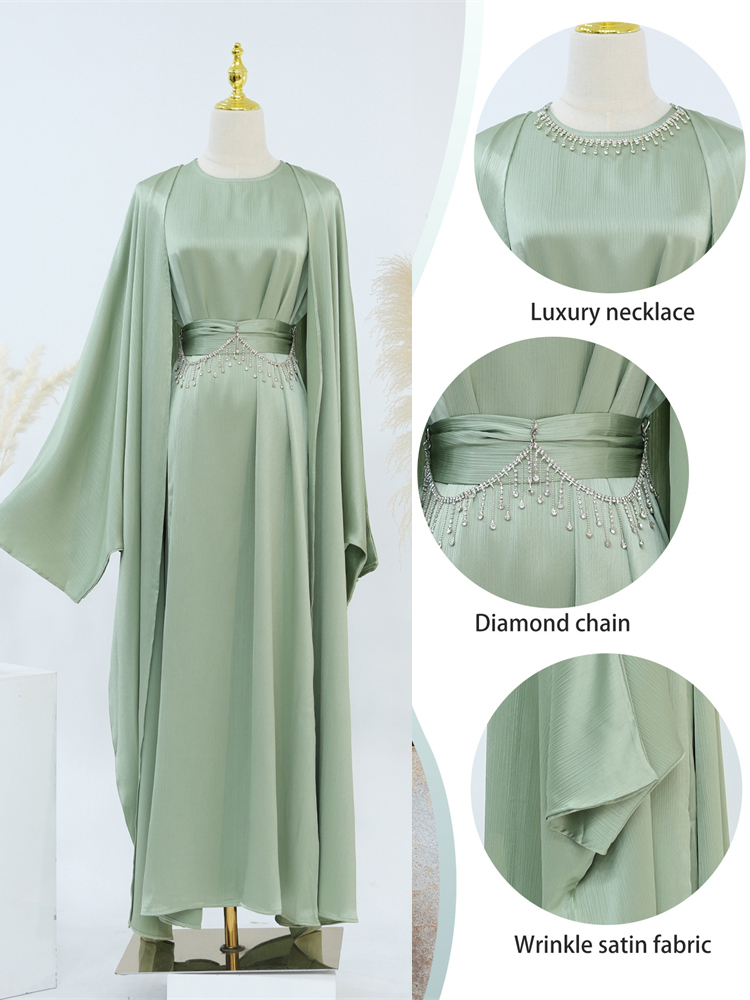 Ramadan Satin 2 pièces Abaya dubaï ensemble de luxe avec chaîne vêtements de prière musulmane femmes robes Caftan Marocain Robe Femme Musulmane