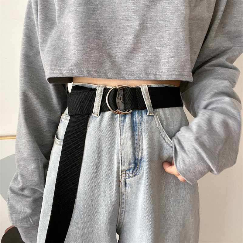 Ceinture en toile de mode couleur unie tendance alliage Double anneau boucle ceinture en plein air décontracté hommes et femmes jean décoration ceinture