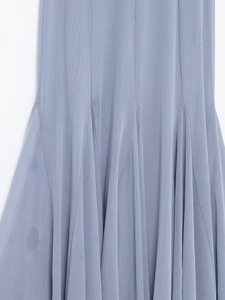 Robe ondulée en maille de soie, large, bleu clair, sans manches, col rond, coupe cintrée, Robes longues élégantes et Sexy, col licou