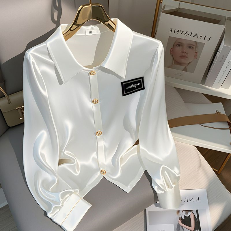 Chemisier en soie glacée blanc à manches longues, nouvelle collection 2026, haut tendance haut de gamme pour femme, été-automne