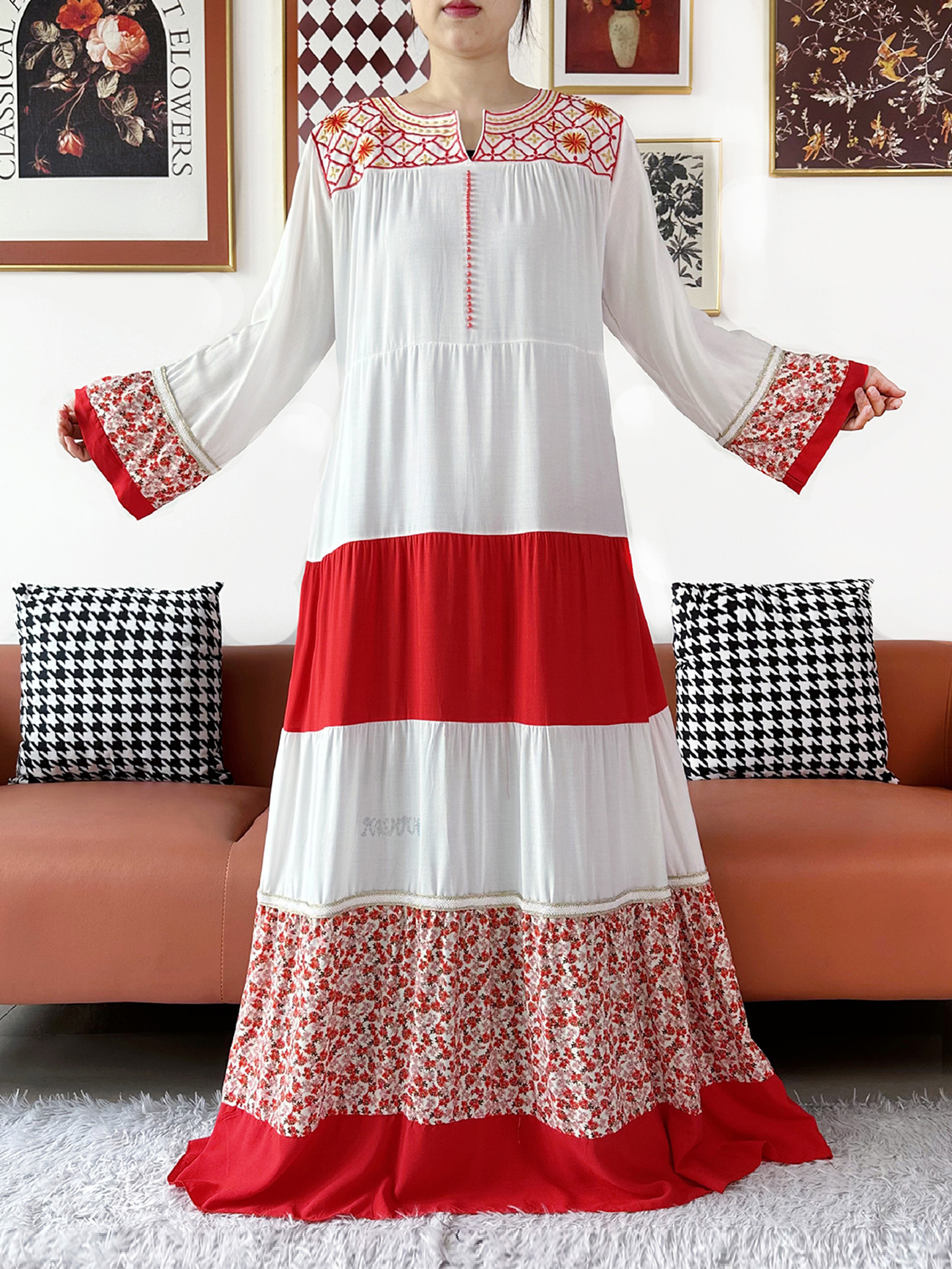 Robe africaine Kashkha 2026 brodée en coton, Abaya africaine, Boubou musulman ample avec grand foulard, robe longue pour le Ramadan