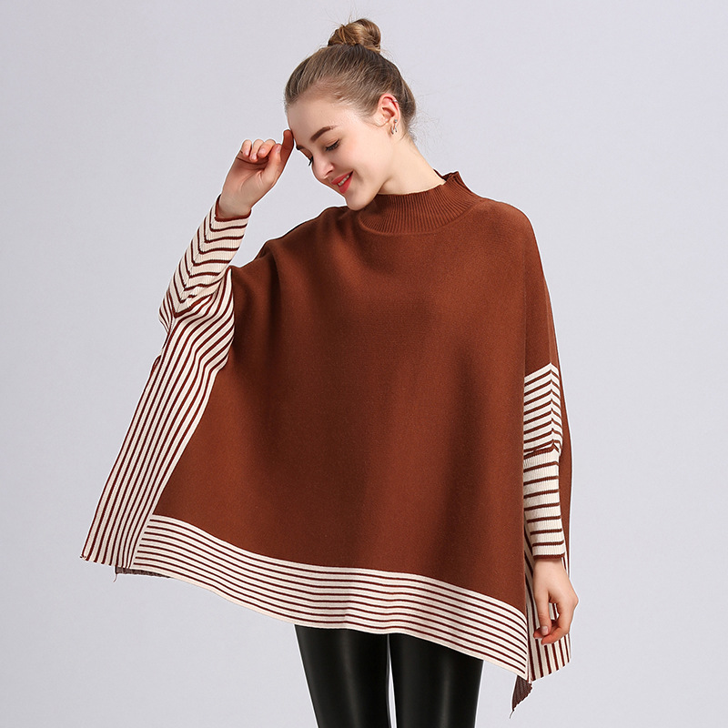 Poncho à col roulé pour femme, pull à manches chauve-souris rondes, châle pour femme, automne, hiver, printemps, nouveau