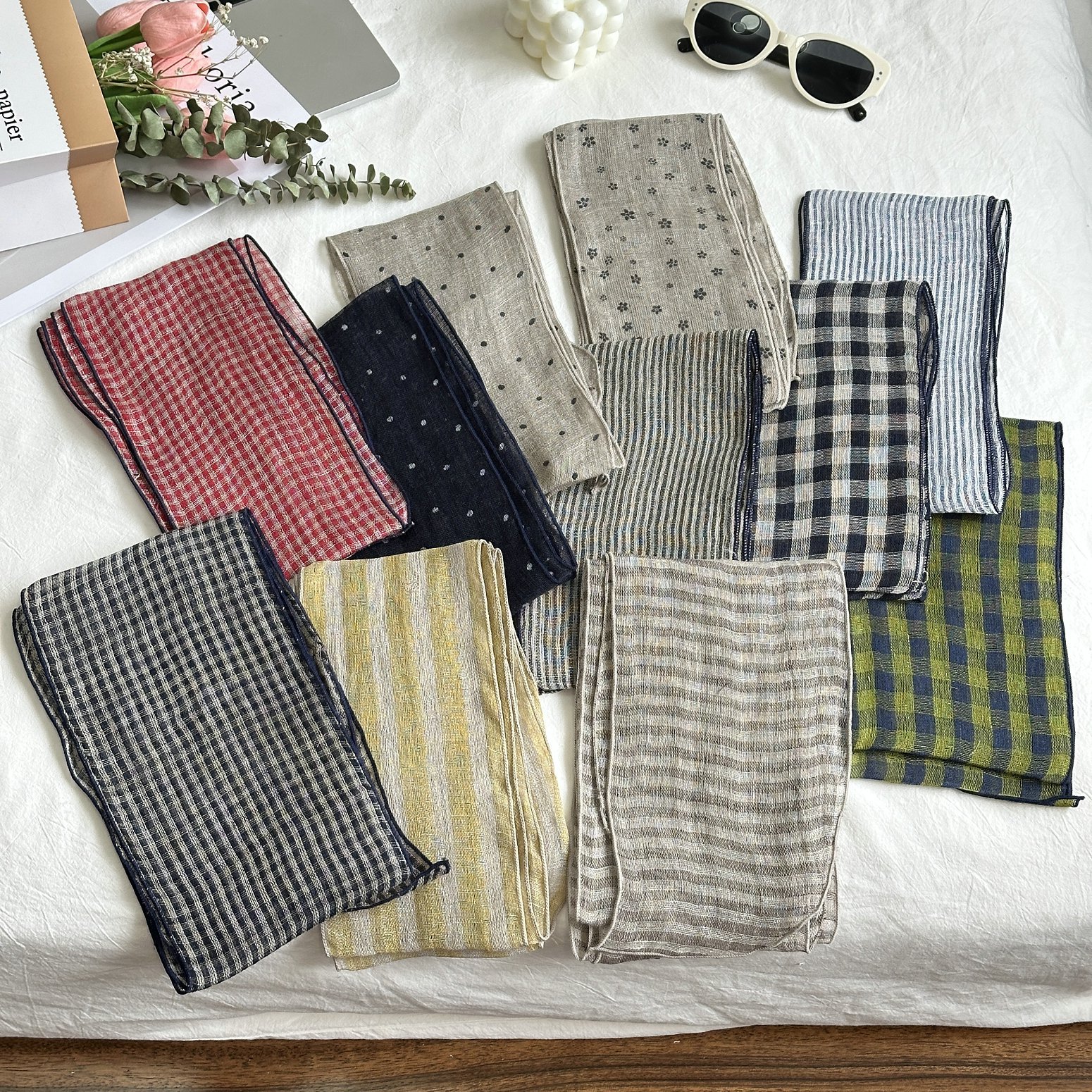 Écharpe longue et fine 100 % lin de haute qualité, assortie à toutes les tenues, nouvelle collection printemps-automne pour femme, petit foulard, bandeau pour cheveux, ruban pour sac à main