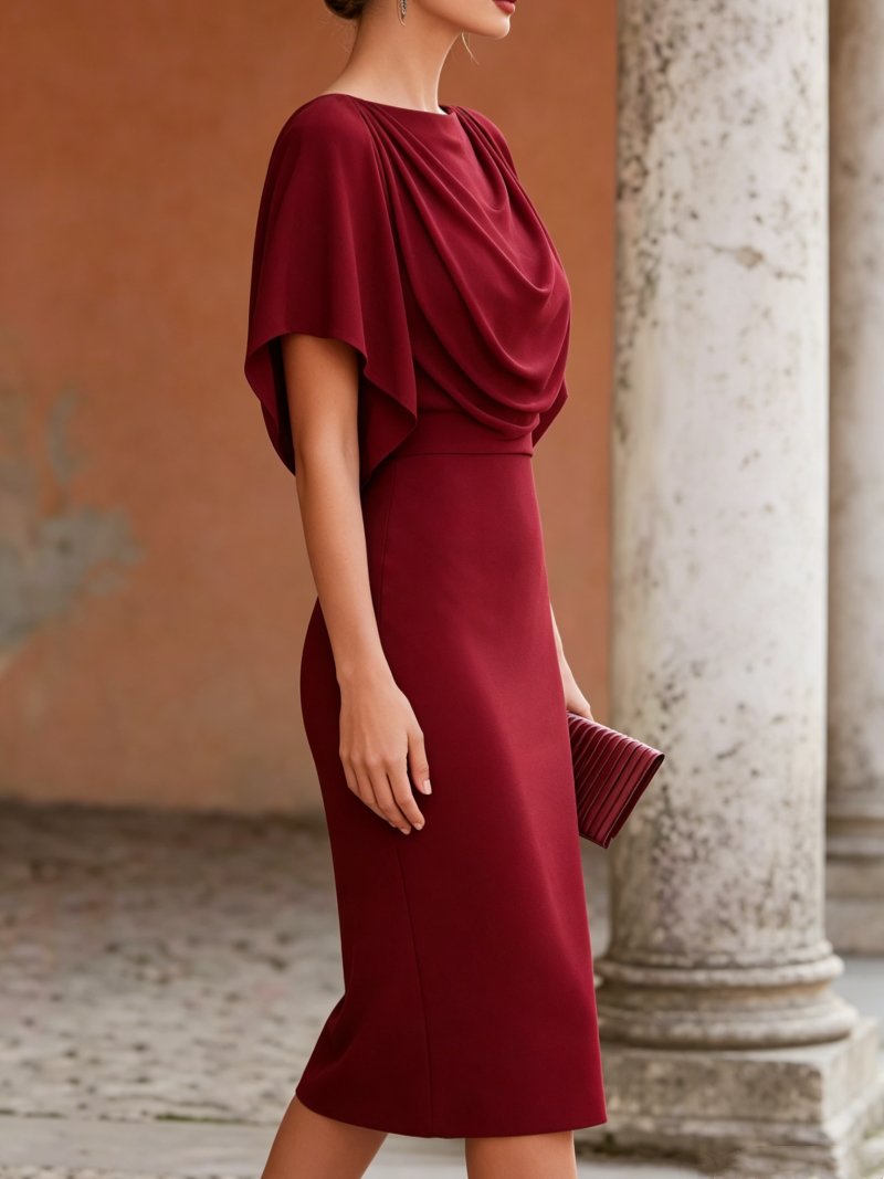 Robe midi à manches courtes pour femme, col bénitier, haut drapé style cape, jupe moulante, élégante pour soirée, cocktail ou occasion spéciale