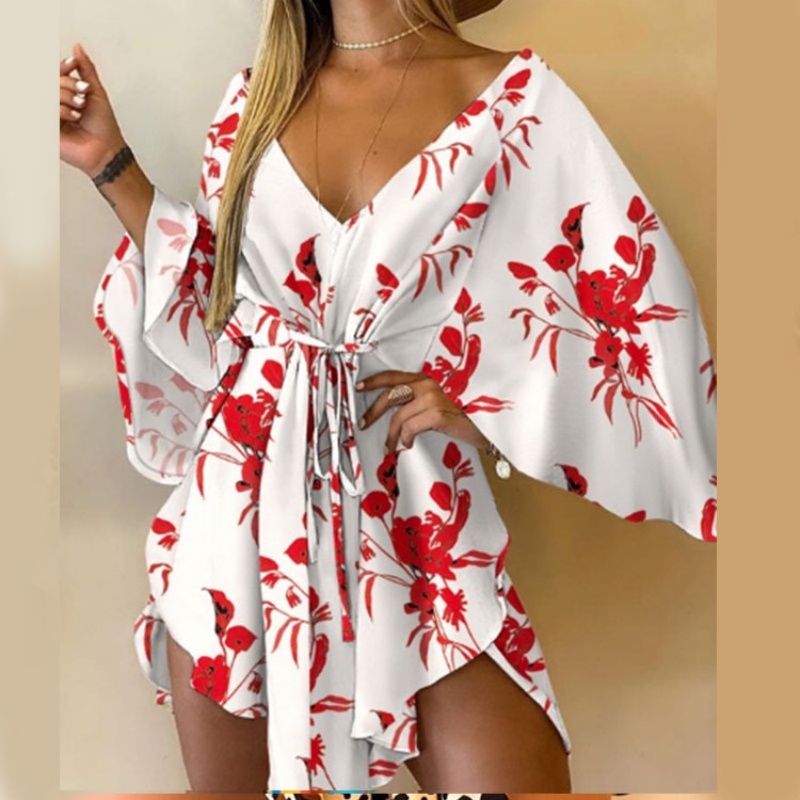 Robe kimono à imprimé floral pour femme, col en V, avec ceinture à nouer et ourlet asymétrique, idéale pour les vacances d'été à la plage