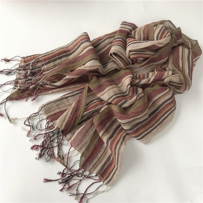 Écharpe à pampilles en lin à rayures pour femmes, Foulard de voyage d'été, Long châle élégant, Hijab, 60x200CM