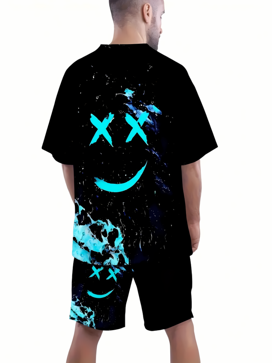 T-shirt d'été pour hommes, motif imprimé de dessin animé, respirant, léger, en polyester, ensemble short et haut à manches courtes