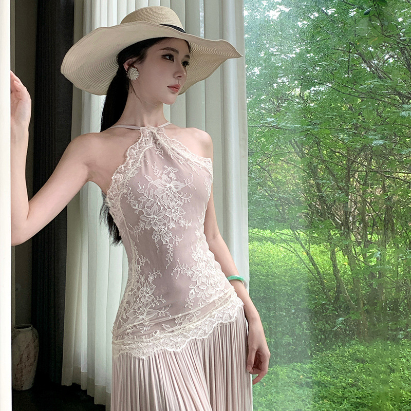 Robe longue en dentelle Patchwork Beige pour femmes françaises, Sexy, sans manches, épaules dénudées, col licou, élégante, vacances, soirée, été