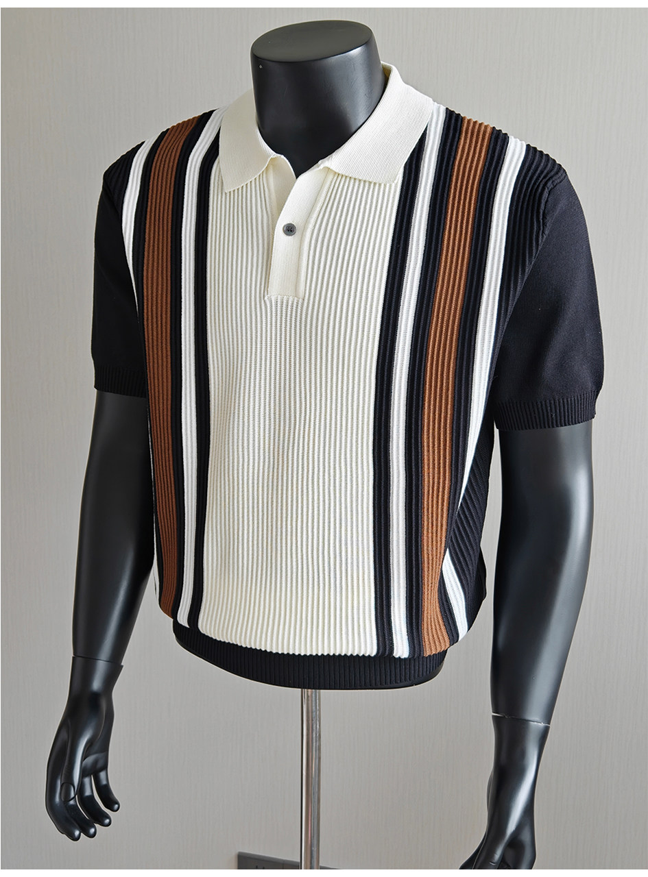 Polo tricoté en soie glacée à manches courtes pour homme 2026 – T-shirt décontracté à rayures, style business, color block, streetwear tendance