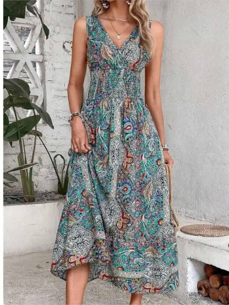 Robe d'été style Boho pour femmes, sans manches, imprimée, tenue de plage, de fête, élégante, décontractée, pour les vacances, M9MW