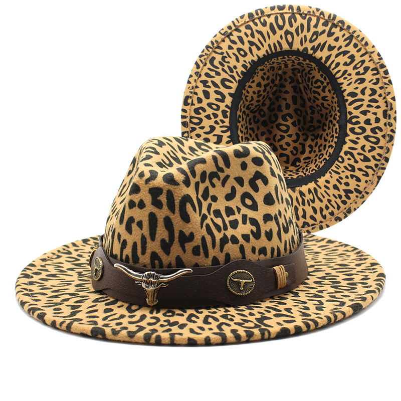 Chapeau Fedora léopard pour femmes, chapeau de route ouvert, à la mode, à large bord, en feutre, Panama, boucle de ceinture classique