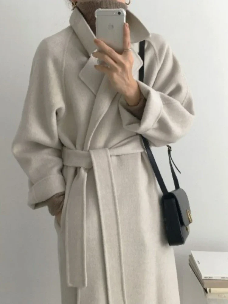 Manteaux longs en laine pour femmes, taille Midi, ceinture à lacets, mélange d'épissure, Cardigan à manches longues, solide, épais, chaud, vestes droites pour l'hiver