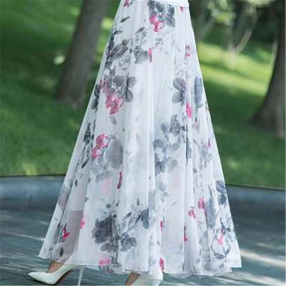 Jupe longue taille haute en mousseline de soie pour femmes, jupe d'été coréenne, jupe maxi florale dégradée, vêtements de danse élégants, vêtements de plage Boho Lady Vintage Girl