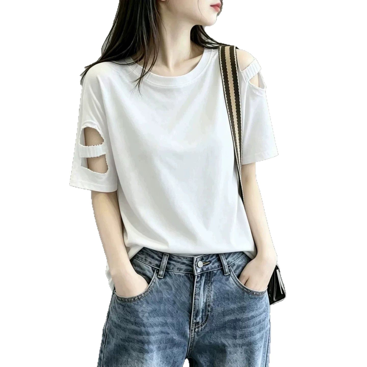 Vêtements pour femmes de grande taille, printemps et été, nouveau t-shirt à manches courtes, couleur unie, ample et fin, style décontracté, épaules dénudées