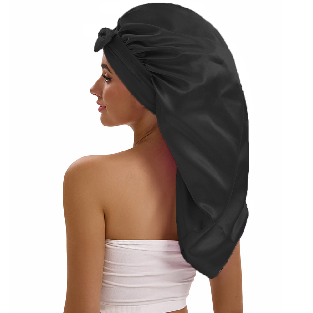 Bonnet long en satin pour femme avec nœud - Bonnet de nuit en soie extra large pour tresses bouclées, couvre-cheveux de nuit à bande élastique