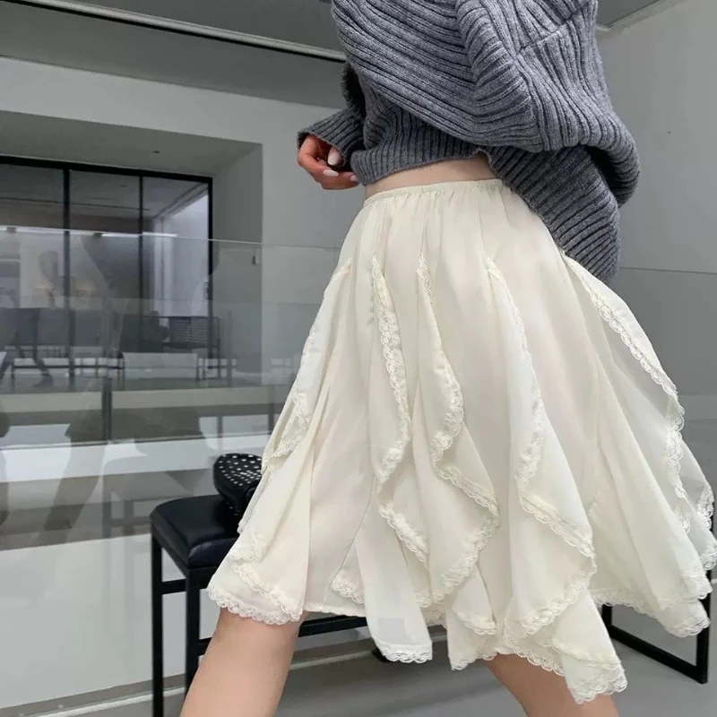 Jupe en Tulle et dentelle de Style coréen pour femmes, jupe féerique douce et élégante à volants, Vintage, Streetwear, jupes superposées irrégulières