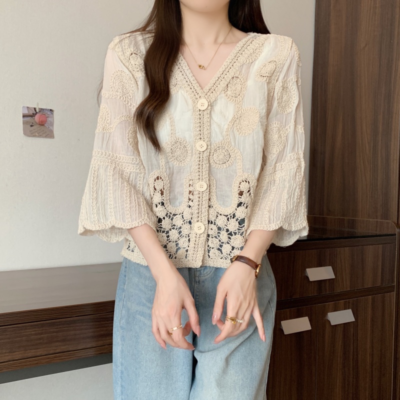 Chemise Cardigan à Boutons Simple, Style Coréen, Tops pour Femmes, Printemps-Été 2026, Fleur à Crochets, Dentelle Ajourée