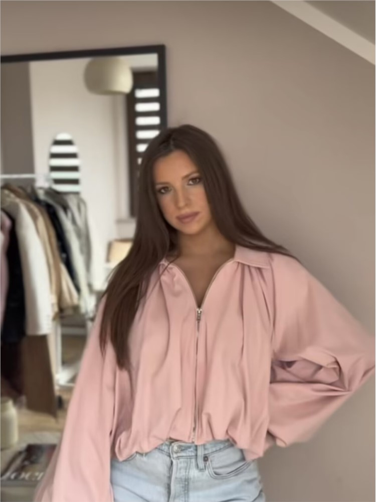 Blouson Bomber Femme Tendance Col Rabattu Manches Longues Bouffantes Ourlet Froncé Poches Fermeture Éclair Manteau Chic pour Femme