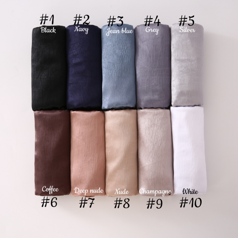 Femmes plaine soie Satin Hijab écharpe différents côtés écorce rides couleur unie Long châle femmes musulmanes soie lisse comme sous-écharpe