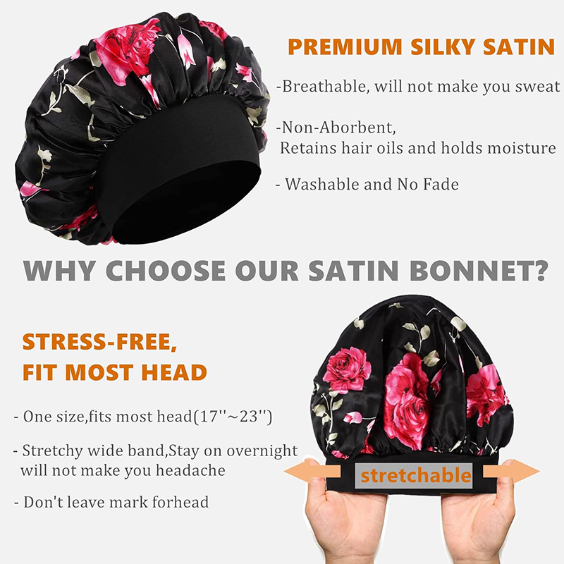 Bonnet de nuit en Satin à large bord, motif Floral, enveloppe pour cheveux, bonnet de nuit, bande élastique souple, soins capillaires, chapeau de douche, 4 pièces/lot