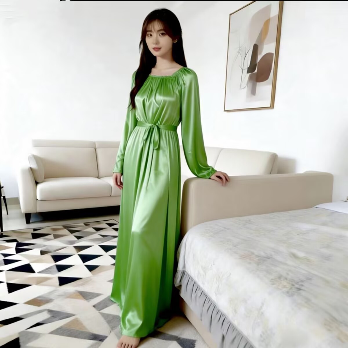 Robe de nuit unisexe en soie glacée brillante avec ceinture, longue robe en satin, pyjama ample, robe maxi, pull-over, robes élégantes, vêtements de nuit